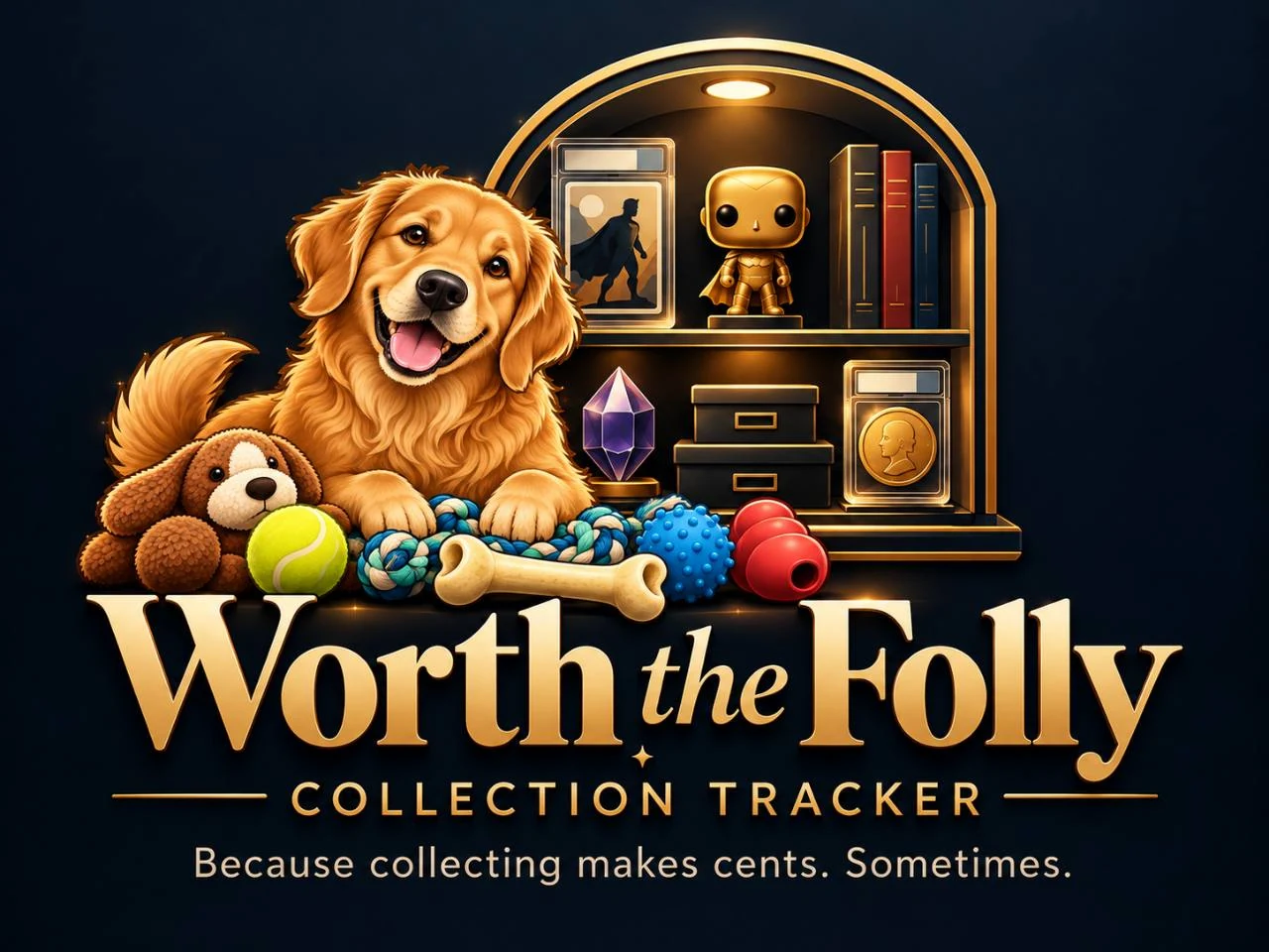 Worth the Folly golden retriever mascot beside a gold-lit collectible shelf, with toys and bones.